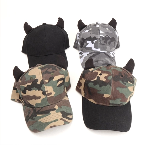 Camouflage Baseballkappe Polyester Teufelshörner Streetwear Neuheit Verstellbarer Sonnenhut Für Herren Damen