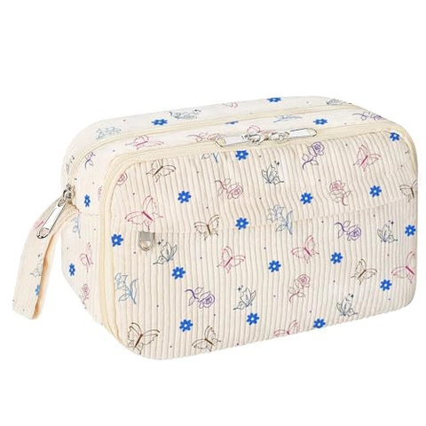 Trousse À Crayons En Velours Côtelé Grande Capacité Imprimé Floral Fraise Sac De Rangement Maquillage Avec Fermeture Éclair Et Poignée