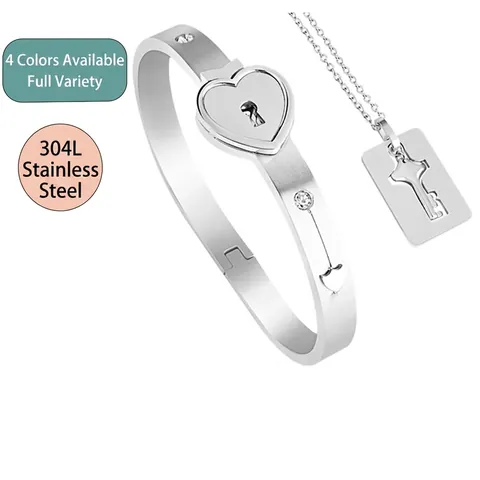 Pulsera De Cerradura De Corazón Y Collar Con Colgante De Llave Joyería Regalo Amantes Acero Inoxidable 304L Diamantes