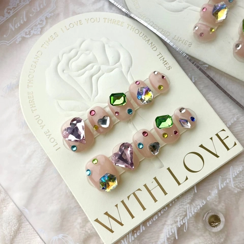 Juego de Uñas Postizas Hechas a Mano Strass de Corazón Rosa Gema Talla Esmeralda Lujo Cortas Redondas Largas Coffin Mujer