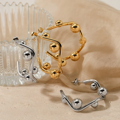 Edelstahl Geometrische C-Form Ohrringe Für Frauen Minimalistische Unregelmäßige Welle Hoops Mit Polierten Metallkugeln