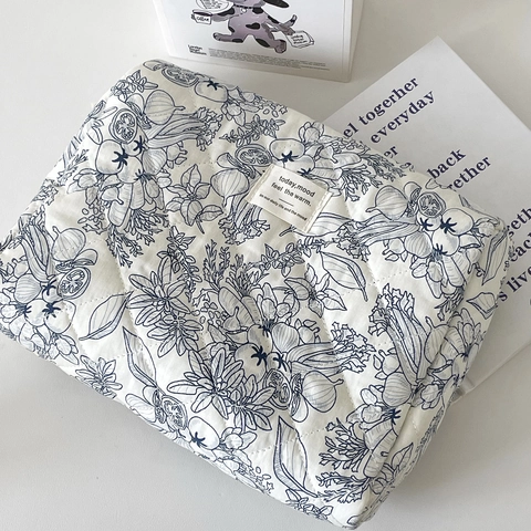 Neceser De Maquillaje De Algodón Acolchado Estampado Floral Bolsa De Aseo Portátil Organizador De Cuidado De La Piel