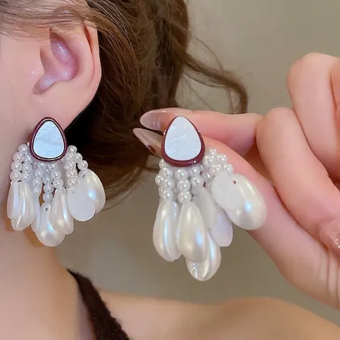 Pendientes De Borla Statement Retro Francés Con Concha Perla Artificial Aleación Poste De Plata Esterlina 925 Elegante Vacaciones