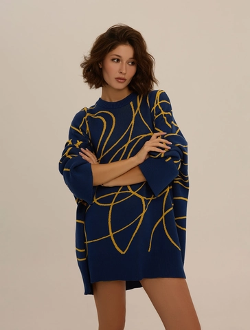 Maglione In Maglia Maniche Lunghe Scollo Girocollo Donna Top Coton Poliestere Con Motivo Linee Gialle