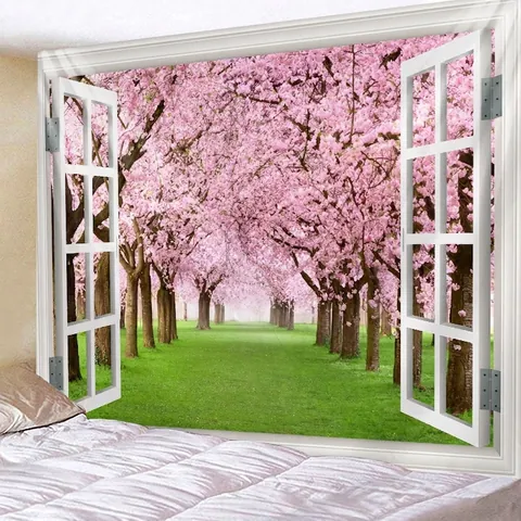3D Window View Landscape Tapestry Wall Hanging Polyester Nature Scenery Forest Beach Flower Decoration For Bedroom Living Room