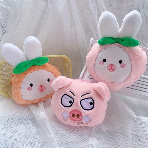 Kawaii Pluche Dieren Portemonnee Mini Cartoon Varken Konijn Opbergtas Met Sleutelhanger Voor Oortelefoons Lippenstift