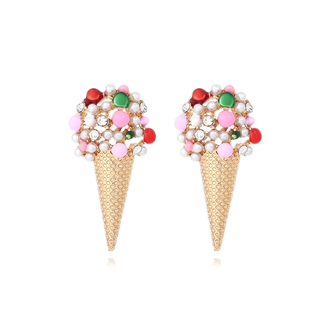 Ice Cream Cone Earrings Alloy Imitation Artificial Pearl Rhinestone Resin Beads Summer Jewelry Cute Fashion For Women