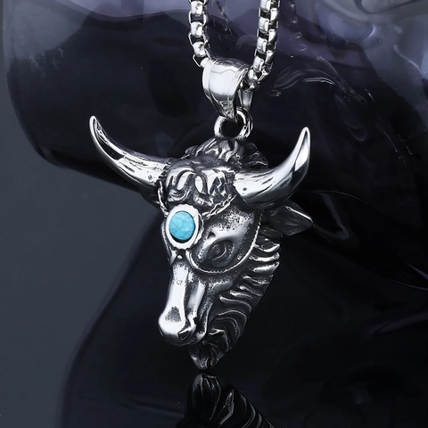 Bull Head Pendant Necklace With Turquoise Stainless Steel Retro Punk Gothic Ethnic Jewelry For Men