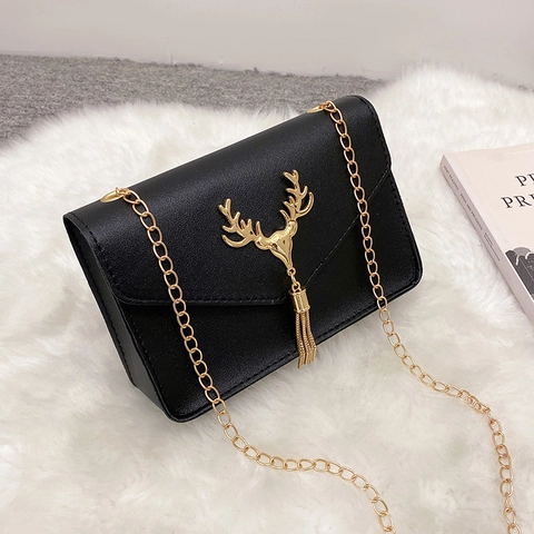 Women Retro Crossbody Bag PU Leather Small Square Handbag With Metal Deer Head Tassel Gold Chain Strap Elegant Fashion