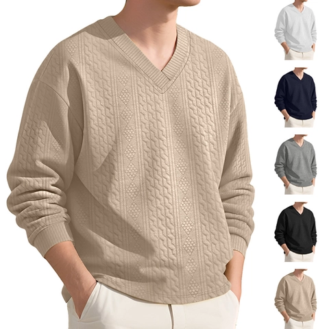 Men V-Neck Knitted Sweater Long Sleeve Cable Knit Jacquard Waffle Texture Casual Loose Pullover Top