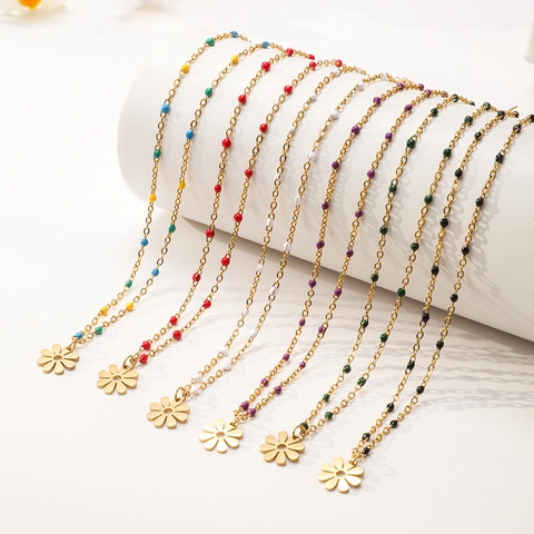 Bohemian Stainless Steel Flower Petal Pendant Necklace Multicolor Enamel Beads Daisy Floral Charm Adjustable Chain Jewelry