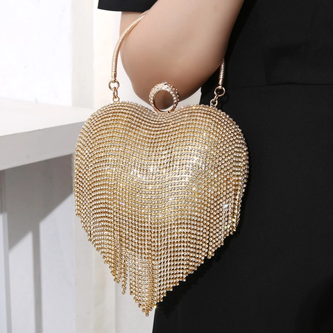 Borsa Da Sera A Forma Di Cuore Strass Nappa Pochette Manico Tondo In Metallo Tracolla Per Donna Festa Matrimonio