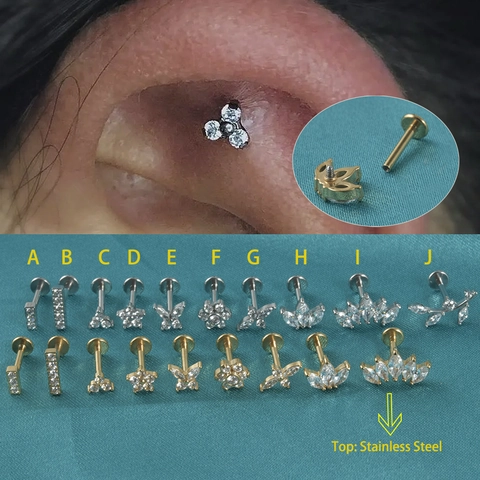 Labret Lip Stud Van Roestvrij Staal Intern Schroefdraad Kraakbeen Oorring Zirkonia Bloem Vlinder Piercing Sieraden