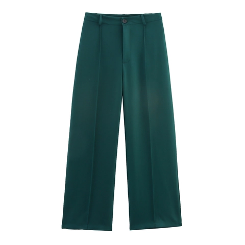 Pantaloni Da Completo Donna Gamba Dritta Verde Scuro Poliestere Vita Media Elegante Ufficio Lavoro Formale Zip Bottone