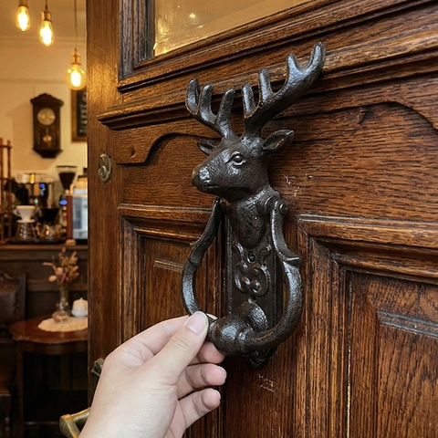 Retro Cast Iron Deer Head Door Knocker Stag Wall Decor Rustic Antique Bronze Front Gate Handle For Home Garden Hotel
