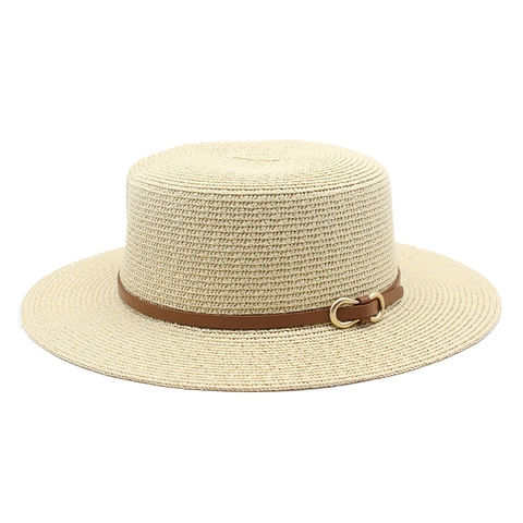 Women Boater Hat Flat Top Straw Sun Hat Wide Brim Summer Beach Travel Breathable Leather Band Metal Buckle