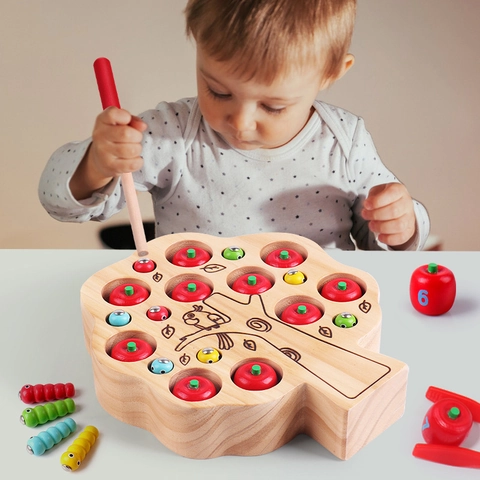 Wooden Magnetic Bug Catching And Apple Picking Game Toy For Toddlers Number Recognition Sensory Early Educational Activity