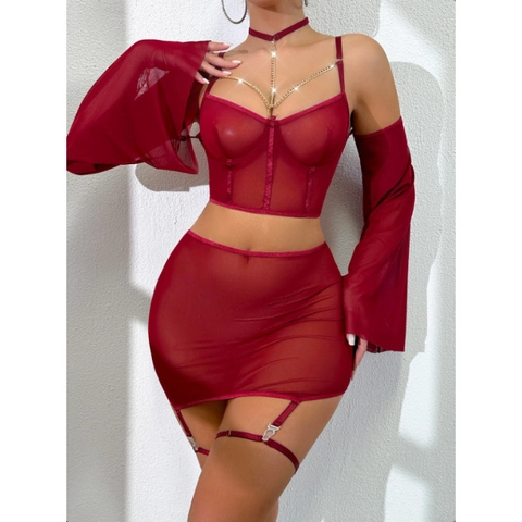 Lingerie Sexy Rosso Vino In Rete Trasparente Top E Gonna Con Maniche Staccabili E Decorazione Catena Per Il Corpo
