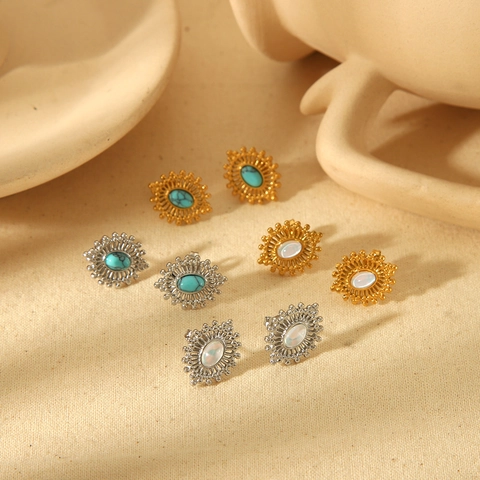 Vintage Bohemian Sunburst Stud Earrings Stainless Steel 18K Gold Plated Turquoise Mother Of Artificial Pearl Women Jewelry
