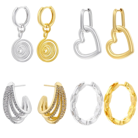 Vintage Brass Hoop Drop Earrings Geometric Heart Spiral Design With Cubic Zirconia For Women Retro Jewelry