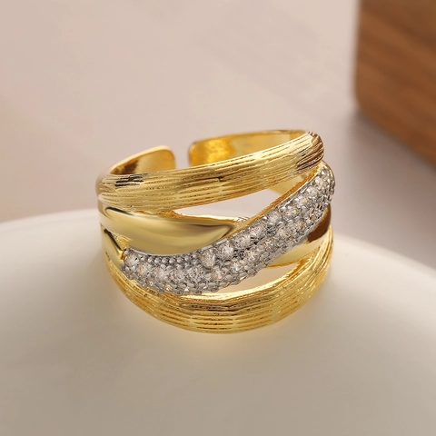 Multi Layer Intersecting Welle Verstellbarer Offener Ring Kupfer 18K Vergoldet Zirkon Mode Luxus Vintage Damen