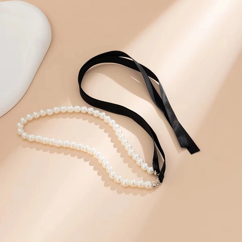 Collana Choker Vintage Francese con Perle Artificiali e Nastro di Raso Elegante Fiocco con Pendente a Nappa Lunga Gioielli Donna per Matrimonio Festa