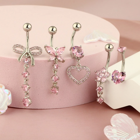 Piercing Ombelico Anello Pancia Acciaio Inossidabile Rame Zirconia Cuore Farfalla Fiore Fiocco Gioielli Corpo Donna