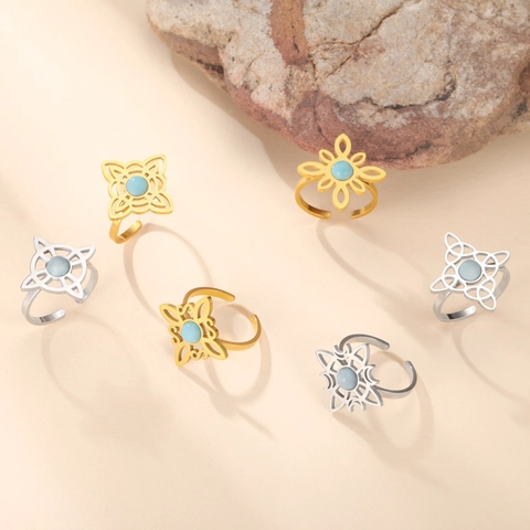 Vintage Stainless Steel Witch Knot Adjustable Ring For Women Gold Silver Plated Bohemian Geometric Turquoise Hollow Open Ring Fashion Jewelry Gift