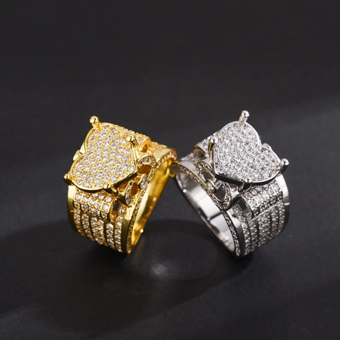 Hip Hop Iced Out Heart Ring Copper Full Zircon Micro Pave Retro Wide Band Jewelry For Men Women