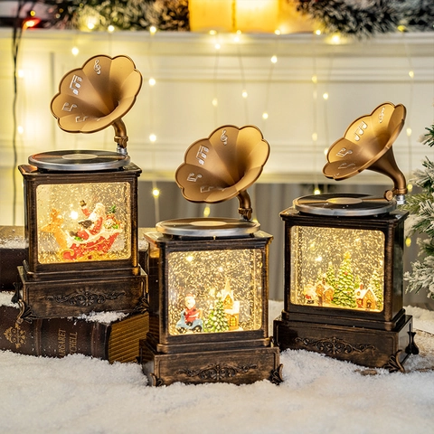 Vintage Gramophone Christmas Snow Globe Music Box LED Light Swirling Glitter PVC Resin Ornament Festival Home Decor