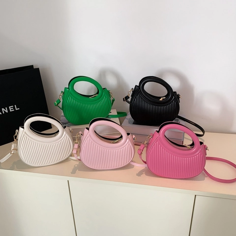 Women Half Moon Shoulder Bag PU Leather Vertical Pleated Crossbody Bag With Hollow Round Handle And Adjustable Strap