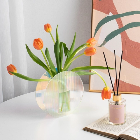 Vaso In Acrilico Iridescente Arcobaleno Texture Ondulata A Costine Portafiori Decorativo Chiaro Per Soggiorno Arte Tavolo