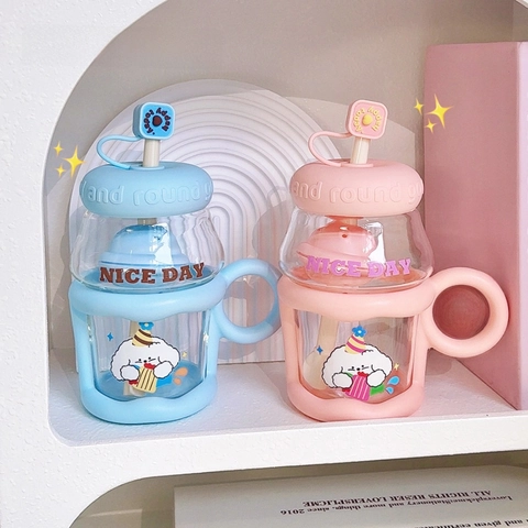 Taza De Vidrio De Perro Dibujos Animados Con Funda De Silicona Pajita Mango E Infusor De Té Botella De Agua Escritorio
