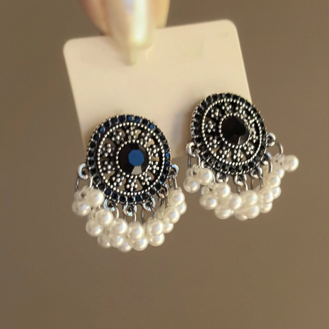 Pendientes Redondos Estilo Étnico Retro Con Diamantes De Imitación Negros Y Borla De Perlas Artificiales De Imitación Silver Earring Post Para Mujeres