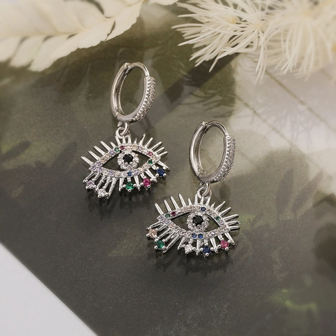 Evil Eye Drop Hoop Earrings Copper Gold Plated Colorful Zircon Inlaid Turkish Style Fashion Jewelry Women
