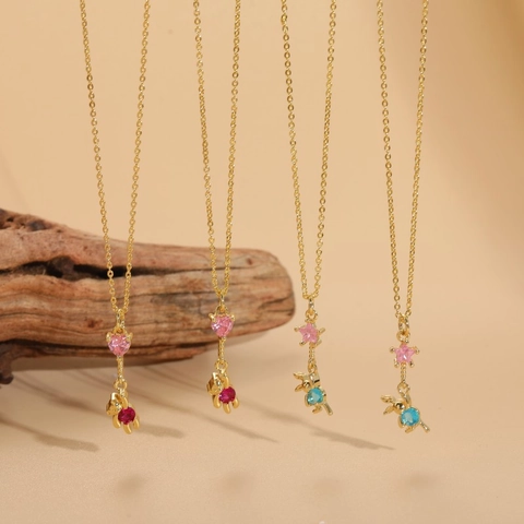 Collana Pendente In Zircone Placcato Oro 14K Rame Orso Coniglio Cuore Stella Gioielli Animali Regalo Donne