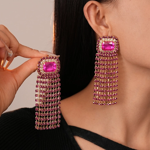 Vierkante Strass Kwastje Oorbellen Met Zilveren Oorstokjes Vintage Luxe Lange Franje Sieraden Voor Dames