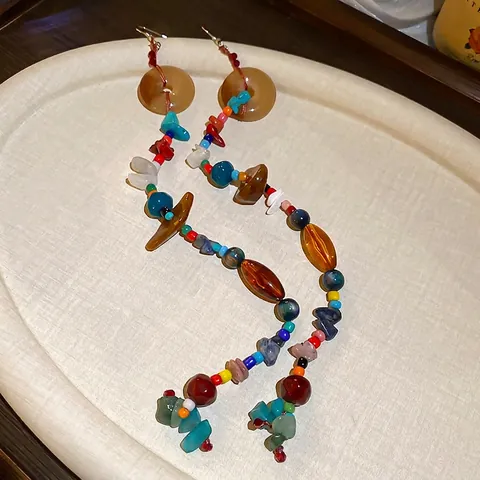 Boho Extra Lange Quastenohrringe Mit Bunten Harzperlen Und Kunststeinen Legierungshaken Für Damen Vintage Ethischer Stil