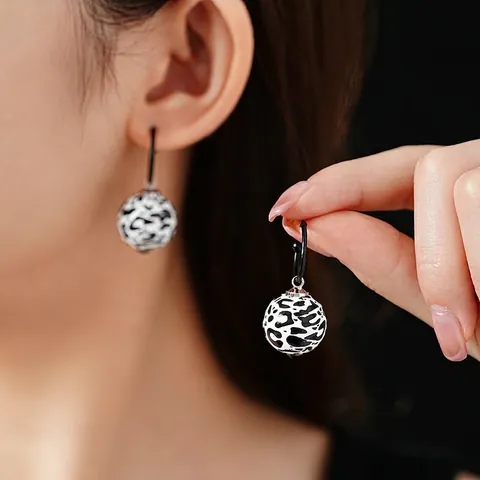 Runde Kugel Hängeohrringe Schwarz Weiß Leopard Muster Kupfer Strass Mit Silbernem Ohrstecker Retro Chic Für Damen