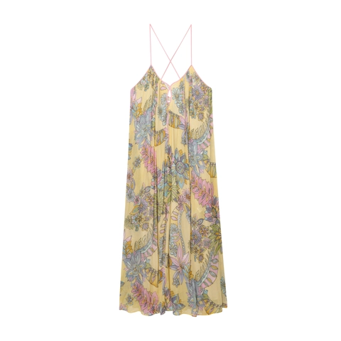 Women Bohemian Yellow Floral Print Maxi Dress Cross Back Spaghetti Strap V-Neck Hollow Out Summer Chiffon A-Line Vacation Dress