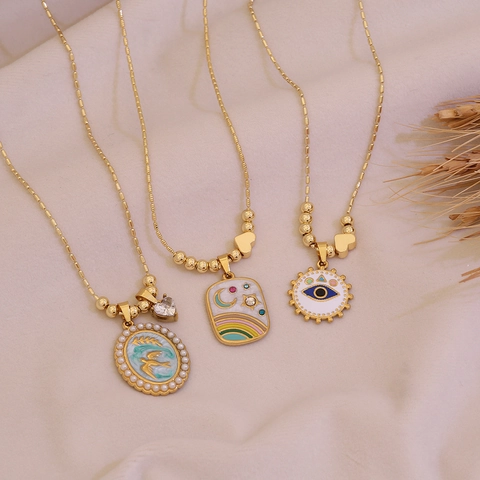 Collar Con Colgante De Acero Inoxidable Esmalte Perla Artificial Cristal Estrella Luna Golondrina Mal De Ojo Joyería Para Mujer