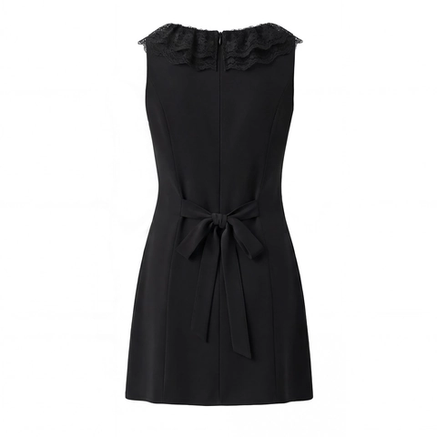 Women Mini Dress Polyester Lace Sleeveless Ruffle Trim Square Neck Button Front Back Bow Tie Lolita French Sweet Style