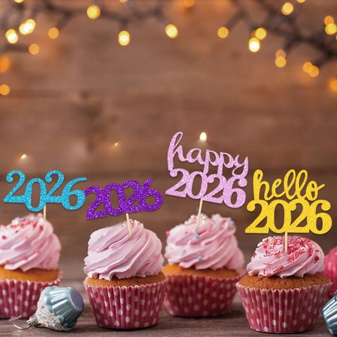 2026 New Year Cupcake Toppers Glitter Paper Cake Decorations For Happy New Year Party Sparkling Festive Dessert Decors