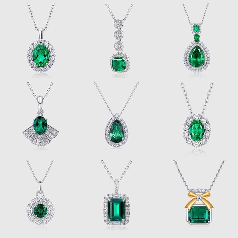 925 Sterling Silver Lab Grown Emerald Necklace Retro Luxury Geometric Halo Teardrop Green Red Gemstone Jewelry Women