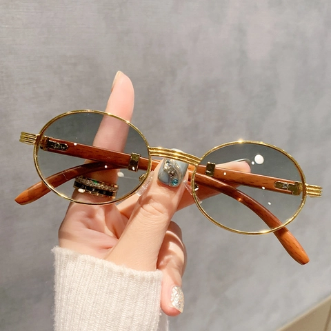 Gafas de Sol Ovaladas Retro Con Patillas de Grano de Madera Montura de Metal Protección UV400 Moda Hip Hop Gafas para Mujer Hombre