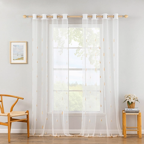 Christmas Tree Embroidered Sheer Curtains Grommet Top Light Filtering White Window Gauze For Living Room Bedroom Decor