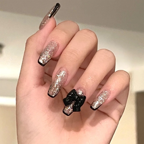 French Tip Press On Nails Long Coffin Pink Glitter Gradient With Black Bow Knot Elegant Artificial Fake Nails For Women