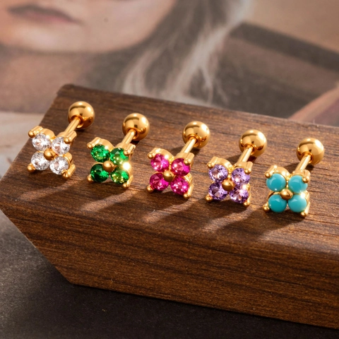 Orecchino Cartilagine Fiore Acciaio Inossidabile Zirconia Cubica Opale Artificiale Gioiello Da Piercing Chiusura A Vite Stile Coreano Delicato Piccolo