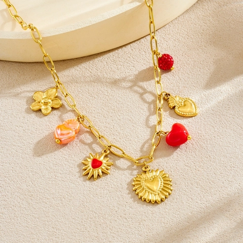 Vintage French Heart Flower Charm Necklace And Bracelet For Women Gold Plated Stainless Steel Red Enamel Multi Pendant