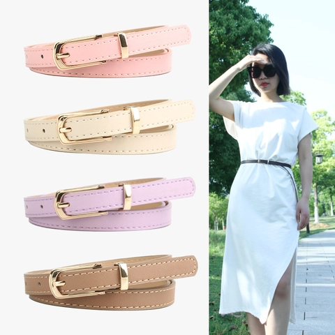 Women Slim PU Leather Belt Minimalist Alloy Pin Buckle Solid Color Thin Waist Strap For Dresses Jeans Fashion Accessory